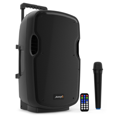 Coluna de som portátil preta com microfone e comando remoto