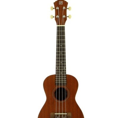 Ukelele de madeira castanha com 4 cordas e cravelhas brancas