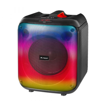 Coluna de som portátil preta com grelha colorida e logótipo X FEST