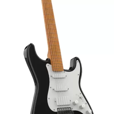 Guitarra elétrica preta com braço de madeira clara e suporte preto com detalhes amarelos