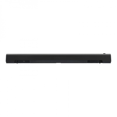 Barra de som preta minimalista vista frontalmente sobre fundo branco