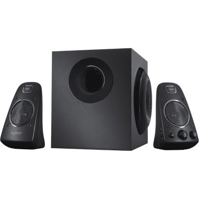 Sistema de colunas Logitech preto com subwoofer e duas colunas satélite