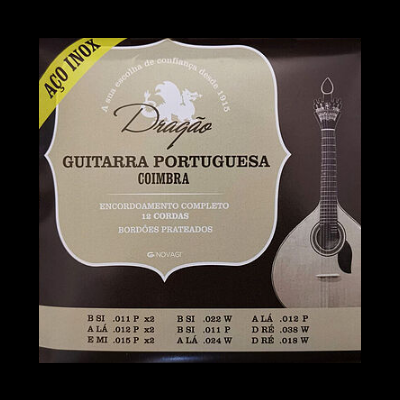 Embalagem de cordas para guitarra portuguesa Dragão Coimbra com especificações técnicas e imagem de guitarra
