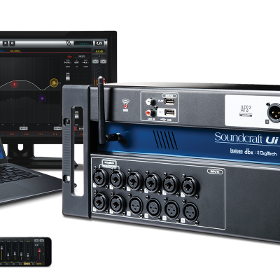 Equipamento de áudio profissional Soundcraft Ui24R com computador, tablet e smartphone exibindo interfaces de mixagem