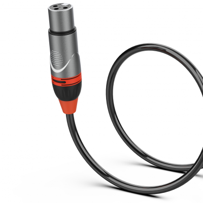 Cabo de áudio preto com ficha XLR prateada e detalhe vermelho