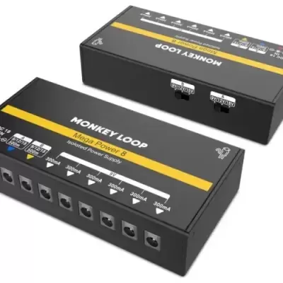 Caixa de distribuição de corrente para pedais MONKEY LOOP preta com múltiplas saídas DC e etiquetas amarelas.