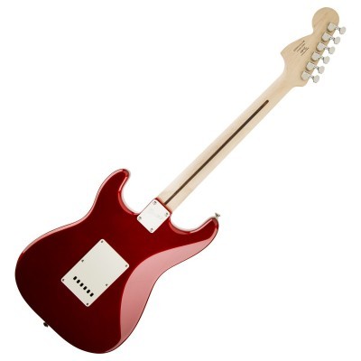 Guitarra elétrica vermelha com braço de madeira clara e 6 cravelhas