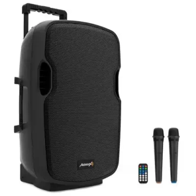 Coluna de som portátil preta com dois microfones e comando remoto