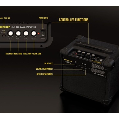 Amplificador de guitarra preto com controles e texto amarelo