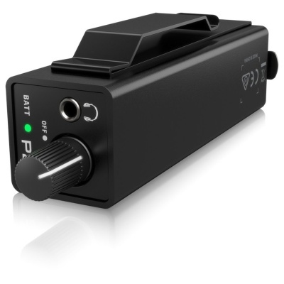 Dispositivo preto com botão e clip, LED verde e entrada para auscultadores