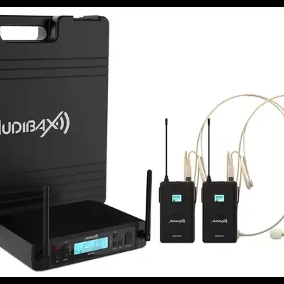 Conjunto de microfone sem fios Audibax com estojo preto rígido e dois auriculares de cabeça bege