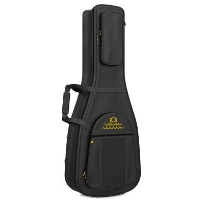 Estojo preto para guitarra com bolsos e logotipo amarelo