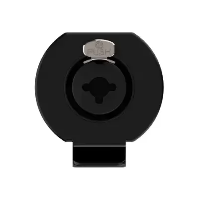 Produto preto circular com detalhe metálico e palavra PUSH