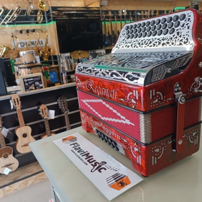 Acordeão vermelho com detalhes prateados numa loja de instrumentos musicais