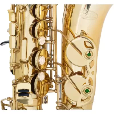 Close-up de saxofone dourado com botões perolados e detalhes verdes