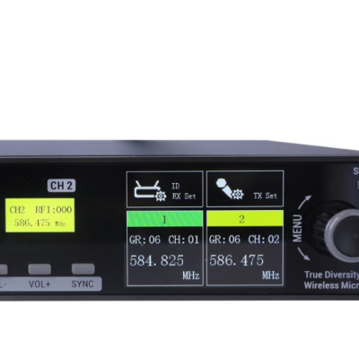 Receptor de microfone sem fio digital True Diversity UHF preto com ecrã LCD e botões