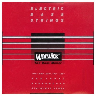 Embalagem vermelha de cordas para baixo elétrico Warwick com especificações e marca visíveis