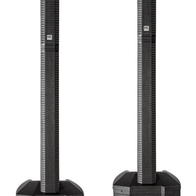 Par de colunas de áudio HK pretas com base octogonal e colunas altas