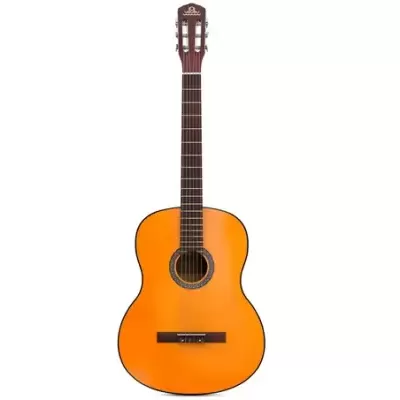 Guitarra clássica de madeira clara e laranja com braço escuro
