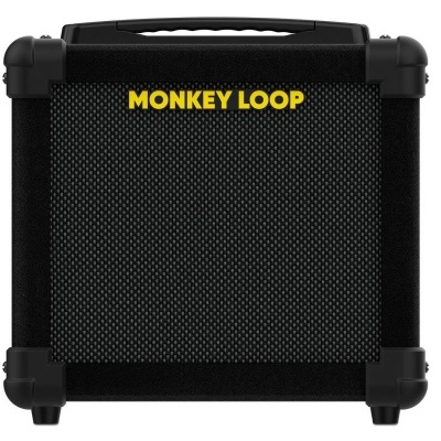 Amplificador de guitarra preto com texto amarelo MONKEY LOOP