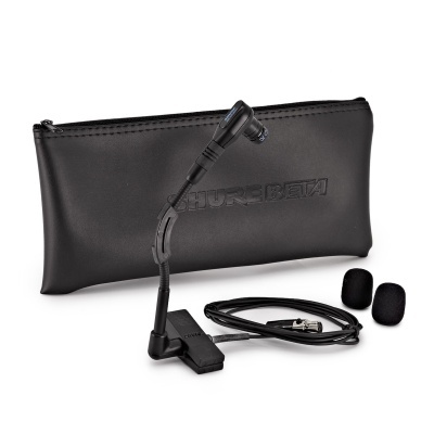 Microfone Shure Beta com clipe, cabo preto, duas esponjas e bolsa preta com fecho