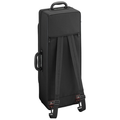 Estojo rígido preto com alças para as costas e pegas