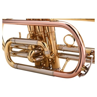 Instrumento musical de metal dourado e cobre com pistões