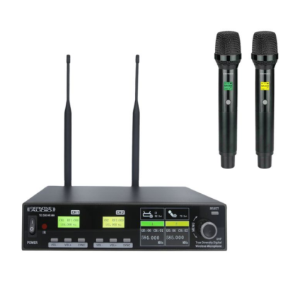 Sistema de microfone sem fios com duas antenas e dois microfones de mão
