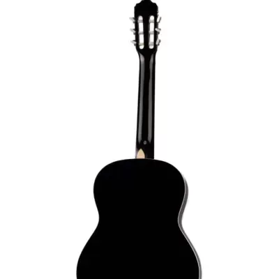 Guitarra clássica preta vista por trás com acabamento brilhante.