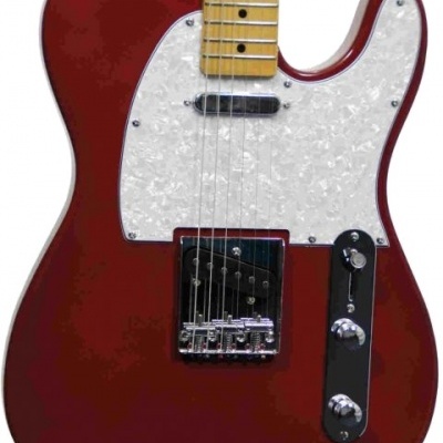 Guitarra elétrica vermelha com pickguard branco e braço de madeira clara