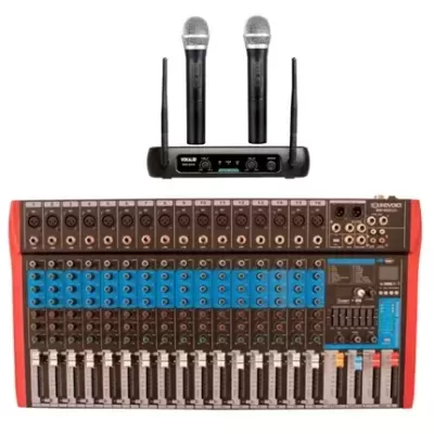 Mesa de mistura de áudio com 16 canais e sistema de microfone sem fios com dois microfones.