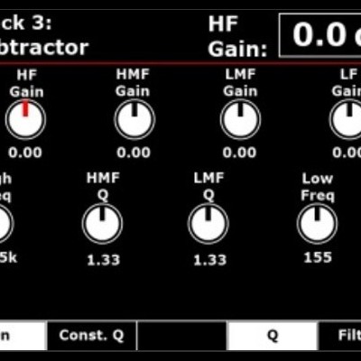 Interface digital preta para controlo de áudio com botões e valores de frequência
