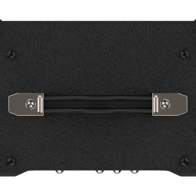 Mala rígida preta com alça central e reforços metálicos