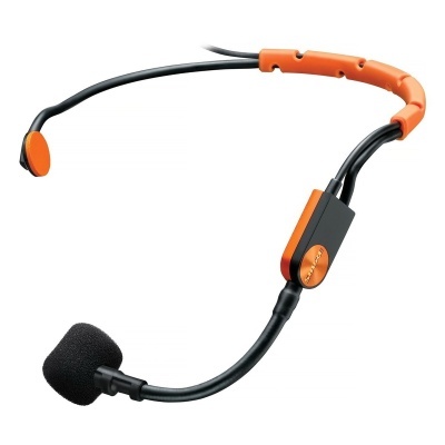 Auricular headset preto e laranja com microfone e espuma preta.