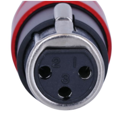 Conector circular metálico com três pinos numerados 1, 2 e 3