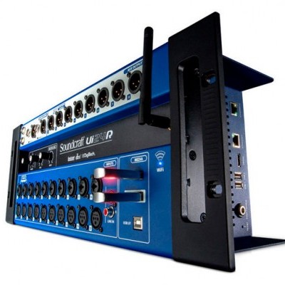 Interface de áudio Soundcraft Ui24R azul e preta com entradas XLR e antena Wi-Fi