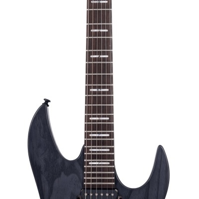 Guitarra elétrica cinza escuro com madeira texturizada e captadores pretos