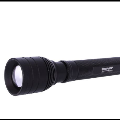 Lanterna preta de metal texturizado com lente clara e escrita POWER