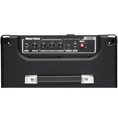 Amplificador Hartke HD50 preto com painel de controlo e pega