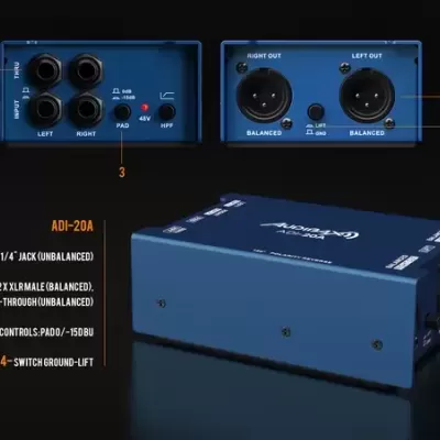 Interface de áudio ADI-20A azul com conectores e texto técnico