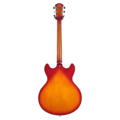 Guitarra elétrica vermelha e laranja vista de trás