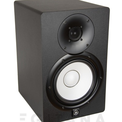 Coluna de som preta com altifalantes branco e preto