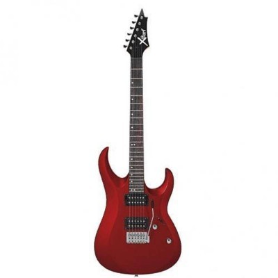 Guitarra elétrica vermelha com detalhes pretos e cromados