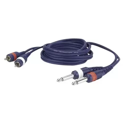 Cabo de áudio azul com conectores RCA e jack 6,35 mm