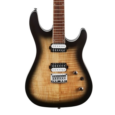 Guitarra eléctrica com corpo em madeira castanha flameada e detalhes metálicos