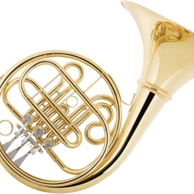 Trompa dourada de metal brilhante com pistões