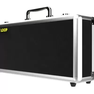 Mala rígida preta com estrutura metálica e texto MONKEY LOOP amarelo