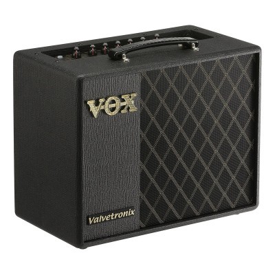 Amplificador de guitarra VOX Valvetronix preto com padrão de losangos e logotipo dourado