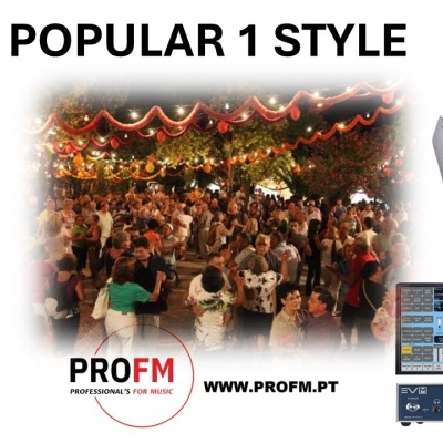 Teclado musical, mixer de áudio, festa ao ar livre com pessoas e decoração, texto PROM FM PROFESSIONALS FOR MUSIC WWW.PROFM.PT