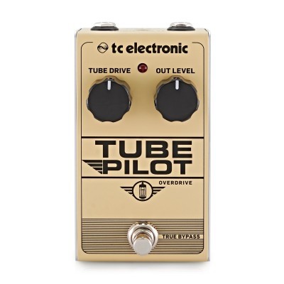 Pedal de guitarra dourado TC Electronic Tube Pilot com botões pretos e LED vermelho